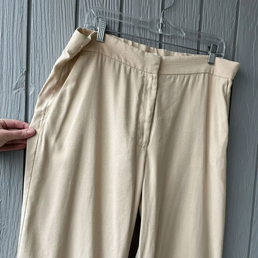 H&M Wide Leg Linen Blend Trousers Beige Size 14 Side Slits Pockets
